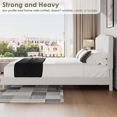 ANIXOL Upholstered Boucle Fabric Wooden Slat Platform Bed Frame