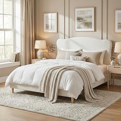 ANIXOL Upholstered Boucle Fabric Wooden Slat Platform Bed Frame