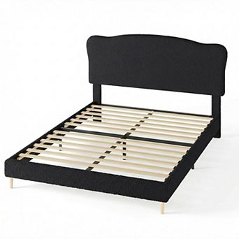 ANIXOL Upholstered Boucle Fabric Wooden Slat Platform Bed Frame