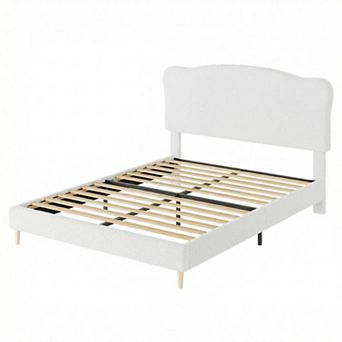 ANIXOL Upholstered Boucle Fabric Wooden Slat Platform Bed Frame