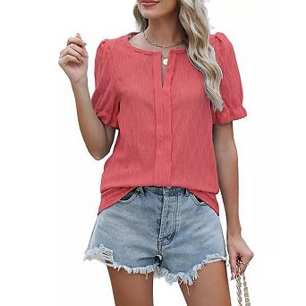 Women’s V-Neck Puff Sleeve Jacquard T-Shirt Casual Loose Fit Top