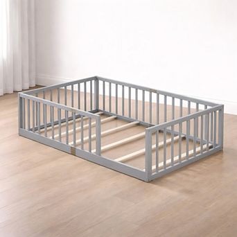 Lufeiya Rubber Wood Twin Size Kids Floor Bed with Fence Guardrails with Slats