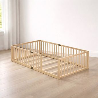 Lufeiya Rubber Wood Twin Size Kids Floor Bed with Fence Guardrails with Slats