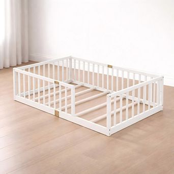 Lufeiya Rubber Wood Twin Size Kids Floor Bed with Fence Guardrails with Slats