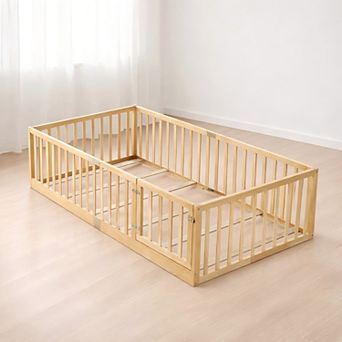 Lufeiya Rubber Wood Twin Size Kids Floor Bed with Fence and Door with Slats