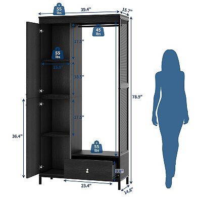 ANIXOL Modern Armoire Wardrobe,Double Door with Drawer,Freestanding Bedroom Storage