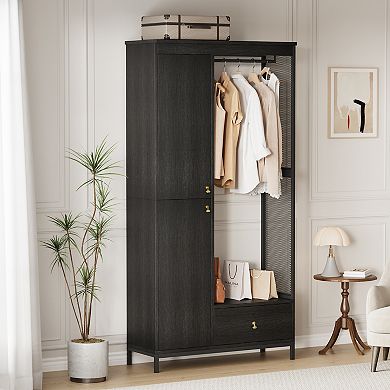 ANIXOL Modern Armoire Wardrobe,Double Door with Drawer,Freestanding Bedroom Storage
