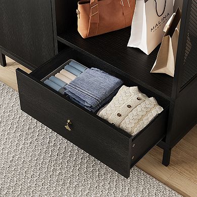 ANIXOL Modern Armoire Wardrobe,Double Door with Drawer,Freestanding Bedroom Storage