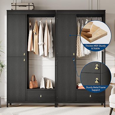 ANIXOL Modern Armoire Wardrobe,Double Door with Drawer,Freestanding Bedroom Storage