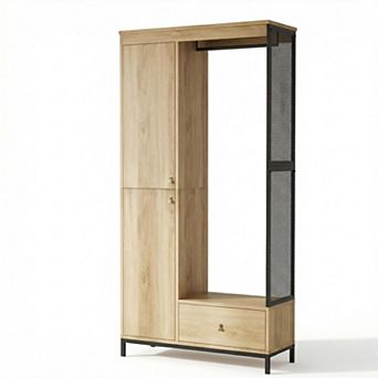 ANIXOL Modern Armoire Wardrobe,Double Door with Drawer,Freestanding Bedroom Storage