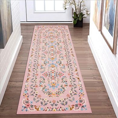 Boho Area Rugs, Washable Soft Floral Print Carpet Non Slip Low Pile Flower Botanical Rug