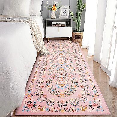 Boho Area Rugs, Washable Soft Floral Print Carpet Non Slip Low Pile Flower Botanical Rug