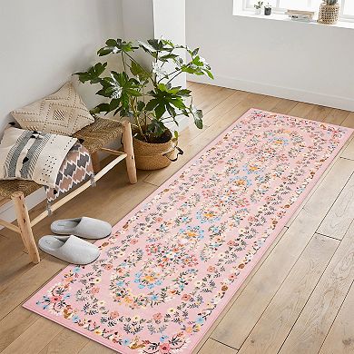 Boho Area Rugs, Washable Soft Floral Print Carpet Non Slip Low Pile Flower Botanical Rug