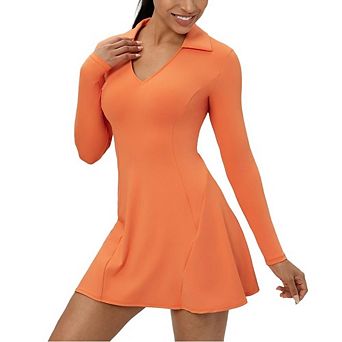 Womens Tennis Dress Polo Collar Long Sleeve A-line V Neck Athletic Dresses