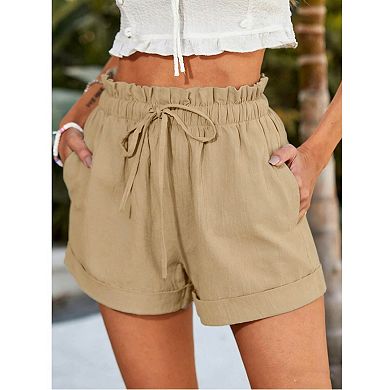 Women's Drawstring Elastic Waist Casual Shorts, Loose Fit Rolled Hem Beach Shorts with Pockets