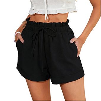 Women's Drawstring Elastic Waist Casual Shorts, Loose Fit Rolled Hem Beach Shorts with Pockets