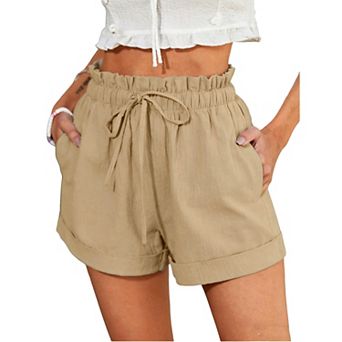 Women's Drawstring Elastic Waist Casual Shorts, Loose Fit Rolled Hem Beach Shorts with Pockets