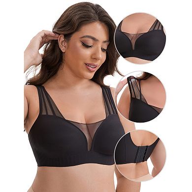 2 Packs Women's Mesh Wireless Push Up Minimizers Wide Straps V Neck Breathable Seamless Soft Bras