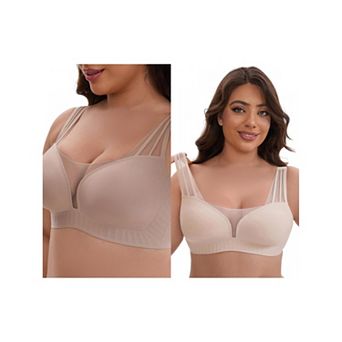 2 Packs Women's Mesh Wireless Push Up Minimizers Wide Straps V Neck Breathable Seamless Soft Bras