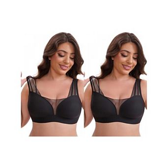 2 Packs Women's Mesh Wireless Push Up Minimizers Wide Straps V Neck Breathable Seamless Soft Bras