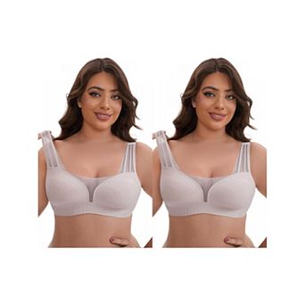 2 Packs Women's Mesh Wireless Push Up Minimizers Wide Straps V Neck Breathable Seamless Soft Bras