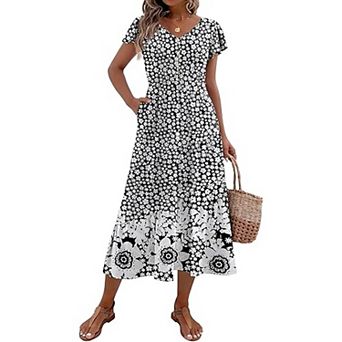 Zeagoo Midi Dresses for Women Casual Short Sleeve Long V Neck Button Down Tiered Dress with Pockets