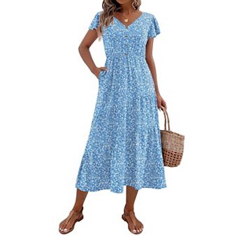 Zeagoo Midi Dresses for Women Casual Short Sleeve Long V Neck Button Down Tiered Dress with Pockets