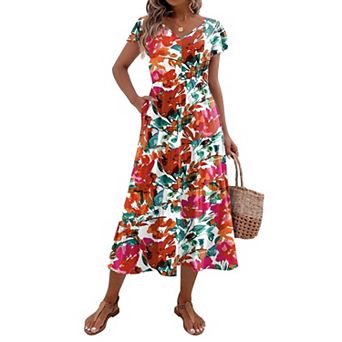 Zeagoo Midi Dresses for Women Casual Short Sleeve Long V Neck Button Down Tiered Dress with Pockets