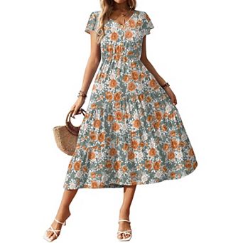 Zeagoo Midi Dresses for Women Casual Short Sleeve Long V Neck Button Down Tiered Dress with Pockets