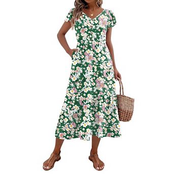 Zeagoo Midi Dresses for Women Casual Short Sleeve Long V Neck Button Down Tiered Dress with Pockets