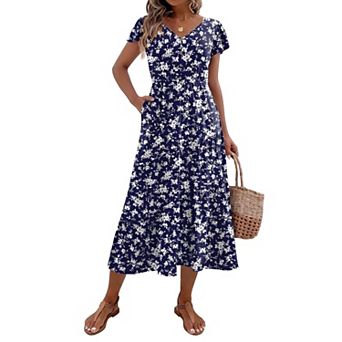 Zeagoo Midi Dresses for Women Casual Short Sleeve Long V Neck Button Down Tiered Dress with Pockets