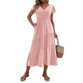 Zeagoo Midi Dresses for Women Casual Short Sleeve Long V Neck Button Down Tiered Dress with Pockets