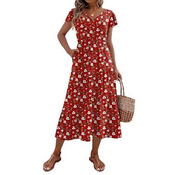 Zeagoo Midi Dresses for Women Casual Short Sleeve Long V Neck Button Down Tiered Dress with Pockets