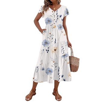 Zeagoo Midi Dresses for Women Casual Short Sleeve Long V Neck Button Down Tiered Dress with Pockets