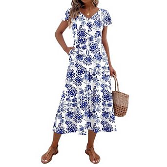 Zeagoo Midi Dresses for Women Casual Short Sleeve Long V Neck Button Down Tiered Dress with Pockets