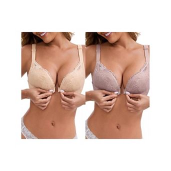 2 Packs Women's Lace Front Closure Deep V-Neck Wirefree Minimizers Lift Up Spaghetti Straps Bras