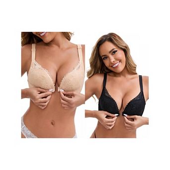 2 Packs Women's Lace Front Closure Deep V-Neck Wirefree Minimizers Lift Up Spaghetti Straps Bras