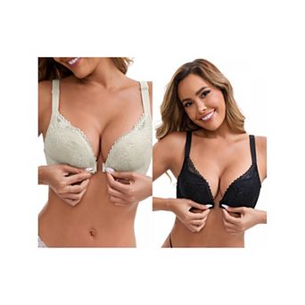 2 Packs Women's Lace Front Closure Deep V-Neck Wirefree Minimizers Lift Up Spaghetti Straps Bras