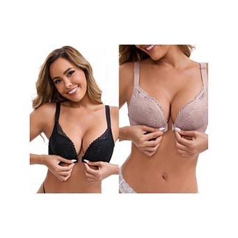 2 Packs Women's Lace Front Closure Deep V-Neck Wirefree Minimizers Lift Up Spaghetti Straps Bras