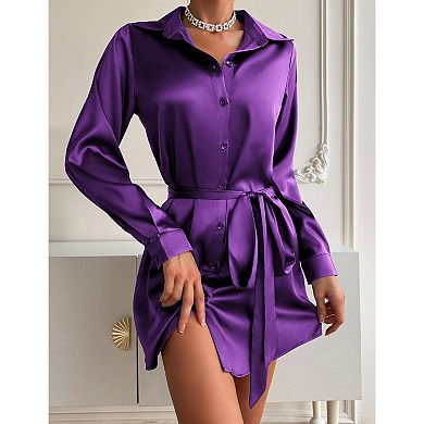 Zeagoo Women's Satin Silk Button Up Long Sleeve Tie Waist A-Line Mini Shift Dress