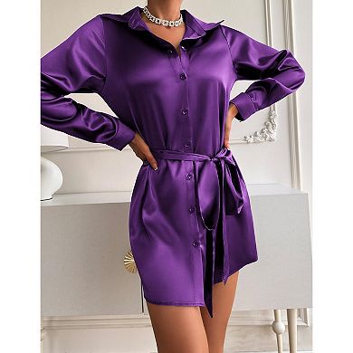 Zeagoo Women's Satin Silk Button Up Long Sleeve Tie Waist A-Line Mini Shift Dress