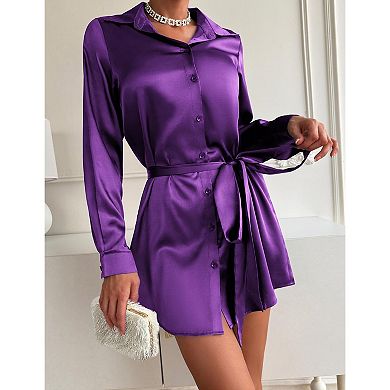 Zeagoo Women's Satin Silk Button Up Long Sleeve Tie Waist A-Line Mini Shift Dress