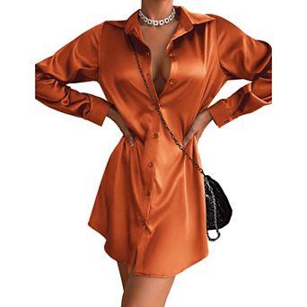 Zeagoo Women's Satin Silk Button Up Long Sleeve Tie Waist A-Line Mini Shift Dress