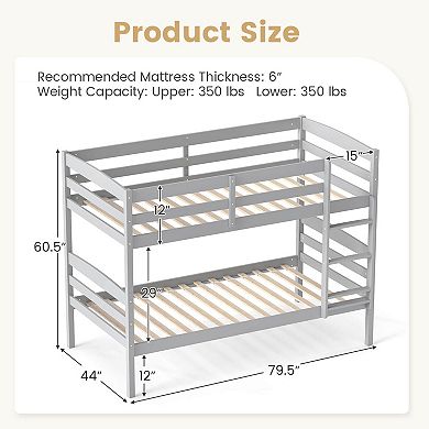 Gymax Bunk Bed Wooden Convertible Into 2 Beds High Guardrails​