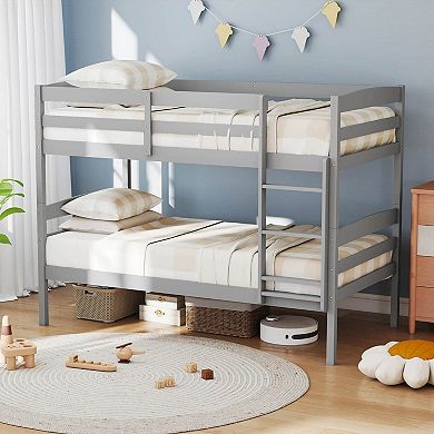Gymax Bunk Bed Wooden Convertible Into 2 Beds High Guardrails​