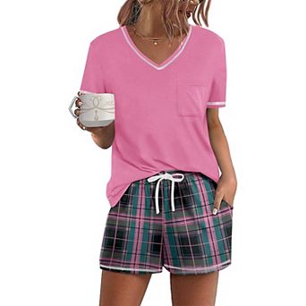 Ekouaer Women's Pajamas Sets Short Sleeve Lounge Sets Sleepwear Casual Two Piece Pjs With Pockets