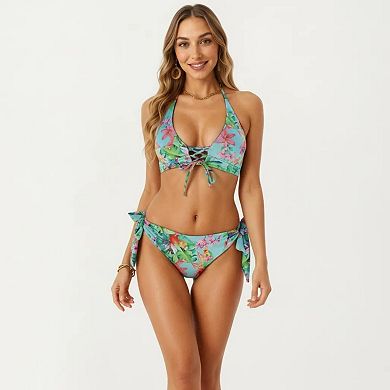 Women's 2-Piece Bikini Set with Lace Up Front Tie Top Halter Neck Side Tie Bottom Adjustable Fit
