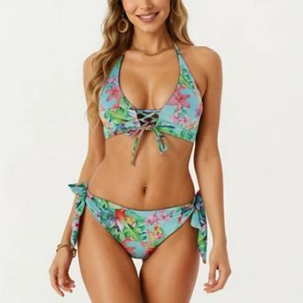 Women's 2 pc Bikini Set with Lace Up Front Tie Top Halter Neck Side Tie Bottom Adjustable Fit