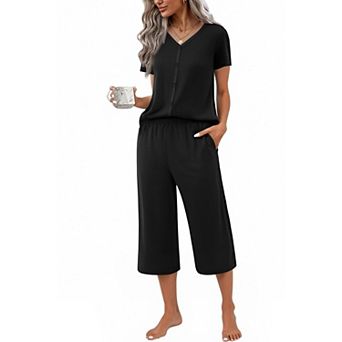 Ekouaer Women's Pajama Sets Short Sleeve Sleepwear Button Up 2 pc Pj Loungewear Top and Capri Pants