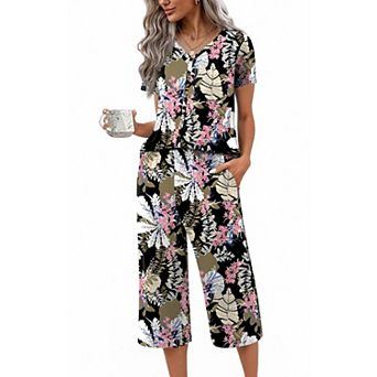 Ekouaer Women's Pajama Sets Short Sleeve Sleepwear Button Up 2 pc Pj Loungewear Top and Capri Pants
